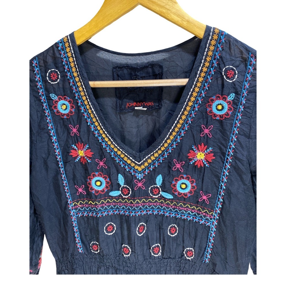 Johnny Was 3J Workshop Embroidered Silk Blend Boho Dress Black XS V-Neck Smocked - Picture 6 of 12
